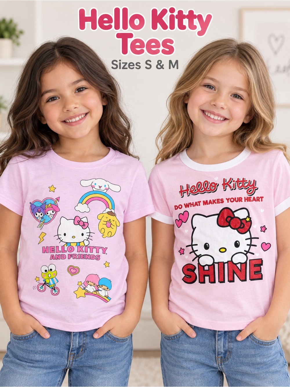 Hello Kitty Girls 2 Tee Bundle Sizes S & M Sanrio Pink Graphic Shirts